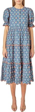 English Factory Ditsy Floral Scallop Trim Tiered Midi Dress in Navy Multi at Nordstrom, Size X-Small