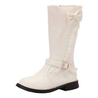 Generic Womens Mid Calf Booties Round Toe Medium Block Heel Slip On With Pearl Buckle And Butterfly-Knot Accent