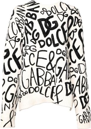 Dolce & Gabbana Logo Print Crew Neck Pullover Sweater - Dames - Cashmere truien - Wit - S - Wol - Truien & Vesten