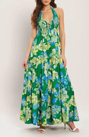 Flying Tomato Floral Halter Neck Maxi Dress in Green at Nordstrom, Size Medium
