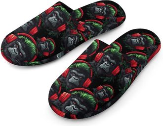 Generic Music Gorilla with Headphone Mens Flannel Slipper Soft Comfy House Shoes Non Slip Winter Warm Indoor Outdoor Slippers