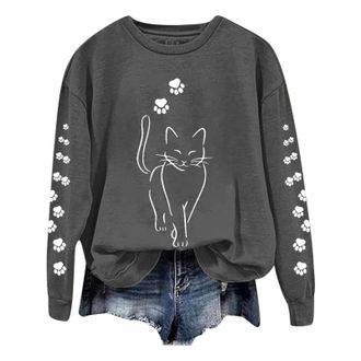 Generic Sweatshirts Women Casual Cute Cat Graphic Printed Long Sleeve Loose Sweatshirts Pullover Sweatshirts Blouse (Dark Gray, XXL)