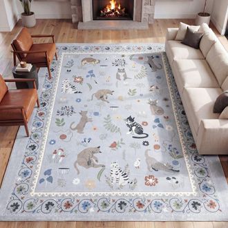 Jonathan Y Designs Catmosphere Festive Feline Floral Border Non-Slip Machine-Washable Rug in Gray at Nordstrom, Size 5Ft 0In X 8Ft 0In