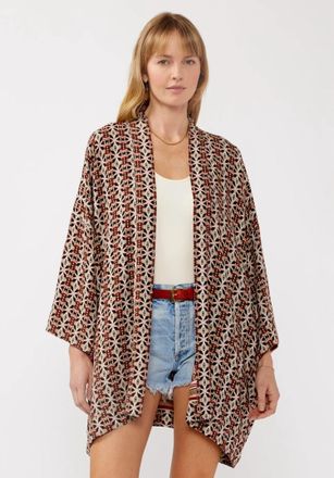 Lovestitch Reversible Open Front Boho Floral Kimono In Natural/wine
