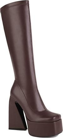 Generic Womens Fashion Square Toe Platform Knee High Boots Stretch with Side Zip Pull On Winter Gothic Punk Shoes (Brown,7.5)
