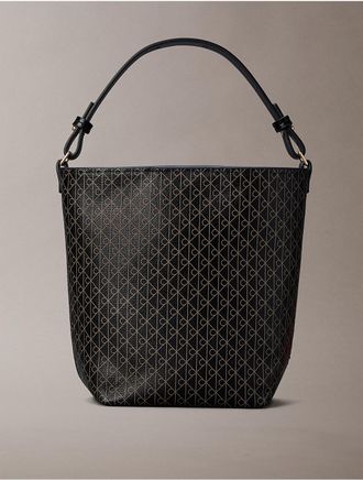Calvin Klein Womens Allover Emblem Logo Small Bucket Bag with Pouch - Black