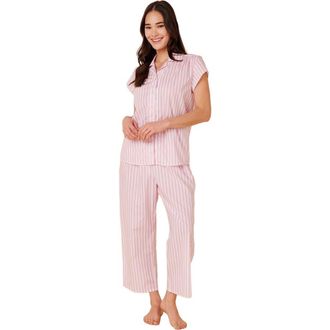 The Cats Pajamas Luxe Pima Capri Floral Set in Classic Stripe Pink at Nordstrom, Size X-Small