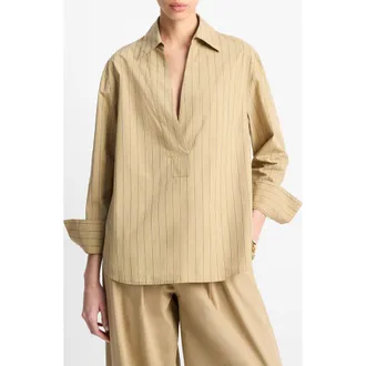 Vince Stripe Relaxed Cotton Popover Shirt in Sand Sage at Nordstrom Rack, Size Medium