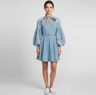 Zimmermann Blue Denim Puff Sleeved Neck Tie Mini Dress