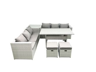 Fimous Rattan Garden Furniture Set 8 Seater Outdoor Sofa Set with Dining Table Side Table 2 Small Footstools Light Grey Mixed
