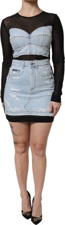 Dolce & Gabbana Black Blue Long Sleeves Denim Mini Womens Dress