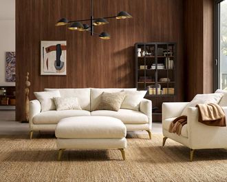 Castlery Lena Sofa with Ottoman, Cream, Brass Legs, Spill-Resistant, Removable Covers for Living Room