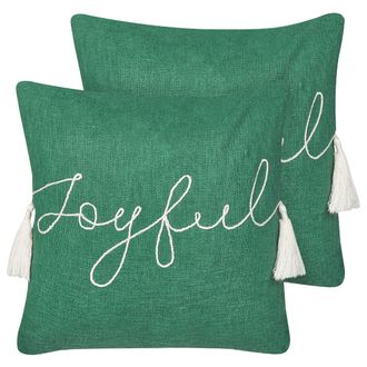 Beliani Conjunto De Cojines Estampado Navidad 45 X 45 Cm Funda De Algod&oacute;n Extra&iacute;ble Relleno Poli&eacute;ster Borlas Verde Elettaria