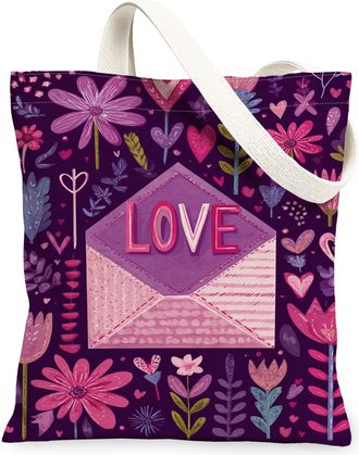 Generic Floral Canvas Tote Bags, Love Letter Design Reusable Grocery Bags, Spring Bohemian Lightweight Washable Shoulder Strap Canv, Violet, 13x15 Inch