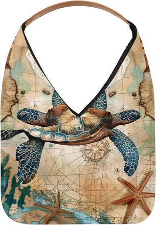 Generic Retro Map Sea Turtle Reusable Lightweight Grocery Bags - Foldable Into Compact Pouch, Washable & Sturdy, Multipurpose for Shopping and Travel