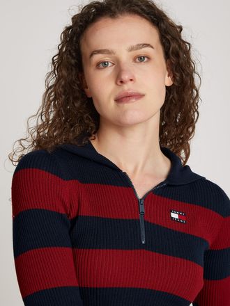 Tommy Jeans Kapuzenpullover TOMMY JEANS TJW STRIPE 1/4 ZIP HOOD SWEATER, Damen, Gr. L (40), blau (schwarz night navy, multi), Strick, Obermaterial: 73% Polyester,