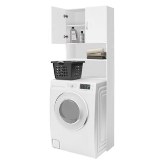 ECD Germany Ecd Germany - Armario Alto De Lavadora 190 X 62,5 Cm Estante Con 2 Puertas Mueble De Ba&ntilde;o Blanco Sobre Secadora Espacio Para Wc 2 Compartimentos De Al