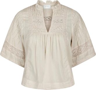 Neo Noir Ruche Mouw Geborduurde Blouse Ivoor - Dames - Blouses - Beige - 2XL - Katoen - Overhemden