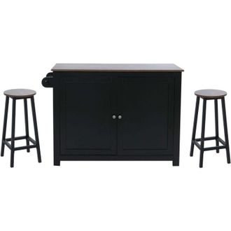 Hhg [NON UTILIZZATO] Isola cucina HHG-683 con 2 sgabelli, credenza con sportelli con ripiani MDF 90x120x45 cm, nero, legno scuro