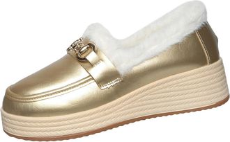 Generic Gold Women S Fashionable Loafers with Metallic Accents for Fall and Winter Warm Fleece Lined Comfortable