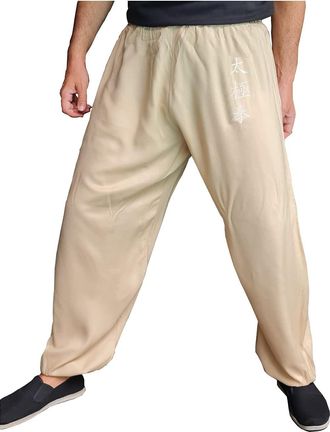 Tao Kung Fu Pants Tai Chi and Wing Chun Bottoms Style for Women and Men Sport Trousers Light and Smooth (Beige TJ, Size L)