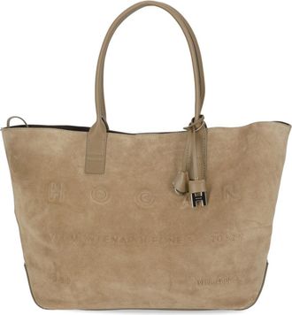 Hogan Beige Suede Leather tote Bag with Embossed Logo