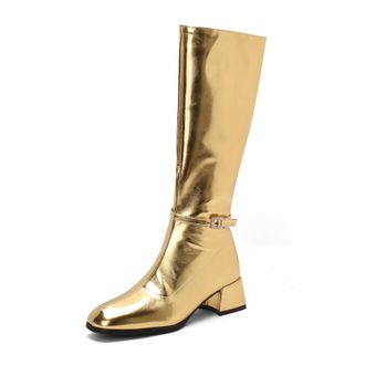 Generic Womens Chunky Heel Knee High Boots PU Leather Long Boots with Side Zipper Square Toe Party Prom Shoes with Buckle,Gold,3.5 UK