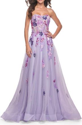La Femme Strapless A-Line Gown with Multi Color Sequin Lace Detail in Lavender at Nordstrom, Size 16