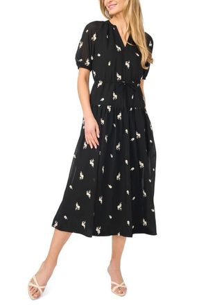 CeCe by Cynthia Steffe Puff Sleeve Tie Waist Midi Dress in Rich Black at Nordstrom, Size Xx-Large