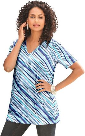 Roaman's Plus Size Cotton Ultimate V Neck Tee in Blue Bias Stripe at Nordstrom, Size Small