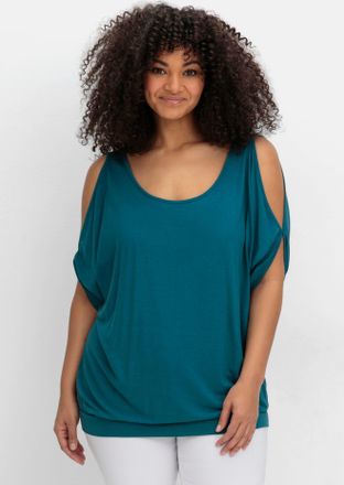 Sheego Fledermausshirt SHEEGO T-Shirt, Damen, Gr. 40/42, blau (dunkelpetrol), 95% Viskose, 5% Elasthan, unifarben, Rundhals, Shirts Fledermausshirt