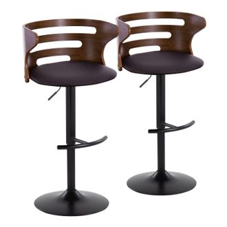 Cosi Mid-Century Modern Adjustable Barstool with Swivel in Black Metal, Walnut Wood and Brown Faux Leather with Rounded T Footrest - Set of 2