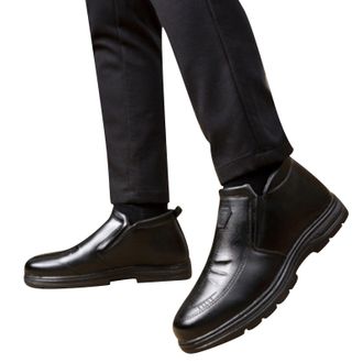 Generic Mens Fleece Leather Shoes Vintage Without Lacing Slip On Loafers Plain Toe Leather Shoe Block Heel Non Slip Boot High Top Footwear for Formal Business