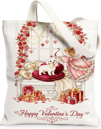 Generic ValentineS Day Floral Canvas Tote Bags, Cute Dog Design Reusable Grocery Bags, Lightweight Washable Shoulder Strap Canvas, White, 13x15 Inch