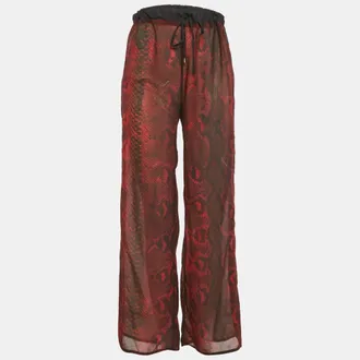 Roberto Cavalli Burgundy Animal Printed Chiffon Palazzo Pants