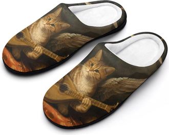 Generic Angel with A Lute Cat Kitten Whimsical Womens Slippers Warm House Slippers Indoor House Shoes with Anti-Skid Rubber Sole