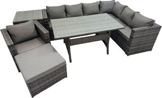 Fimous Fimous Rattan Garden Furniture Set Outdoor 8 Seater Patio Dining Corner Sofa Sets with Dining Table Chair Big Stool Side Table Dark Grey Mixed