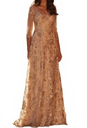 La Femme Sheer Sleeve Lace Evening Dress In Champagne