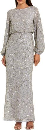Mac Duggal Beaded Mesh Blouson Sleeve Evening Gown in Platinum Gold at Nordstrom, Size 10