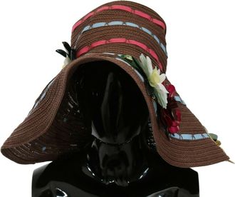 Dolce & Gabbana Womens Brown Knitted Straw Floral Hat Cellulose Polyester Acrylic