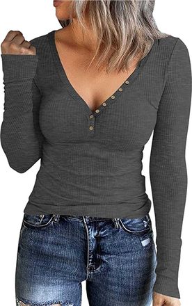 Generic 2025 Women Fashion Solid Button T Shirt V Neck Pullover Long Sleeve Slim Top (Grey, L)