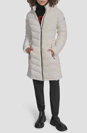 DKNY Cire Packable Hooded Longline Puffer Jacket in Ivory Stretch at Nordstrom Rack, Size Small