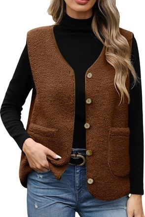 Generic Womens Teddy Gilet Sleeveless Sherpa Fleece Jacket Solid V Neck Button Down Fuzzy Vest Fluffy Autumn Teddy Bear Coat Cropped Vest Jacket Cute Plush Wa