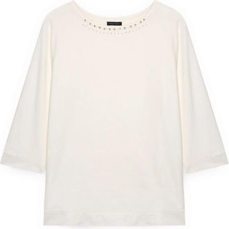 Fiorella Rubino Katoenen T-shirt met Strass en Studs - Dames - Longsleeves - Wit - M - Katoen - Tops