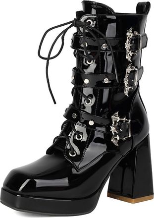 Generic Womens Gothic Ankle Boots with Bat Buckle Detail Patent Leather Lace-Up Zipper Chunky Platform Heels Comfortable Anti-Slip Wear-Resistant for Daily Ca