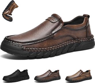 Generic Mens Handmade Leather Orthopedic Loafers - Wide Toe Box, Outdoor Casual Slip-On Dress Non Slip Walking Shoes Stylish Soft Business Driving Shoes (Brow