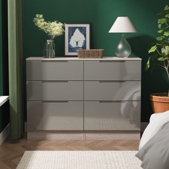 Welcome Furniture Cannes Ready Assembled 6 Drawer Wide Chest in Grey Gloss & Grey Oak - Welcome Furniture | TJ Hughes