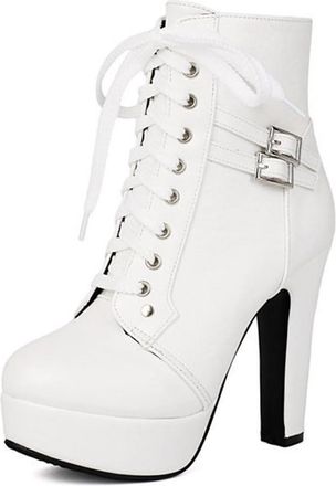 Generic Womens Round Toe Platform Short Booties Lace Up Chunky Block Heels Combat Boots Buckle Warm Winter Shoes (7.5,White)