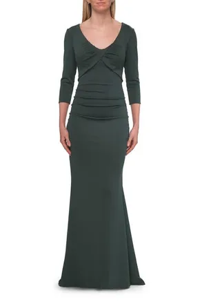 La Femme Three-Quarter Sleeve Jersey Gown with Ruched Bodice in Dark Emerald at Nordstrom, Size 18