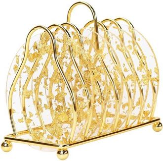 OEM 6 Posavasos De Acr&iacute;lico De Lujo, Transparentes Con Detalles Dorados, Incluye Soporte Met&aacute;lico Dorado, Resistentes Al Calor Y Elegantes, 9,5 Cm